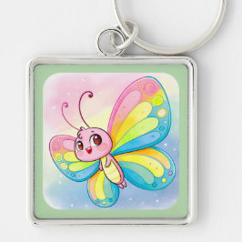 Rainbow Butterfly Keychain Fyrkantig Silverfärgad Nyckelring