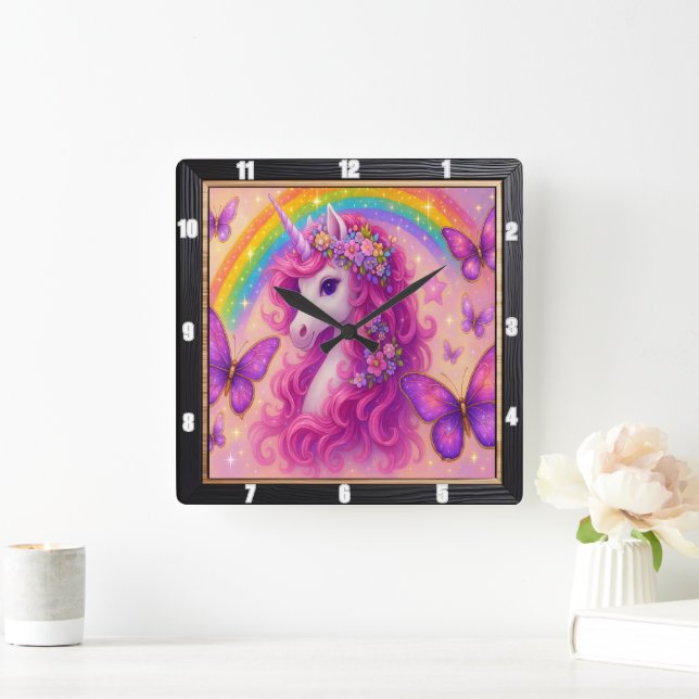 Rainbow Butterfly Magic Unicorn Fyrkantig Klocka (Hem)