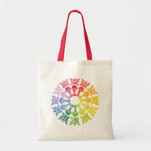 Rainbow Butterfly Mushroom Tote Bag Tygkasse (Framsidan)