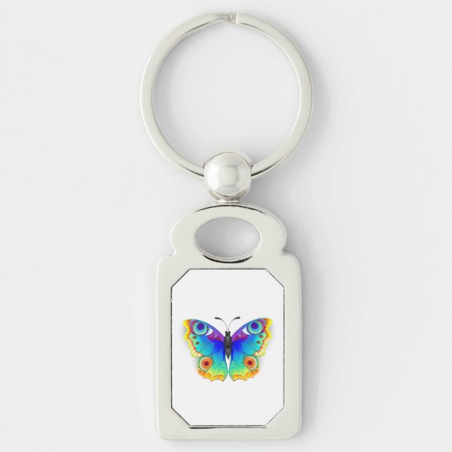 Rainbow Butterfly Peacock Öga Rektangulärt Silverfärgad Nyckelring (Framsidan)