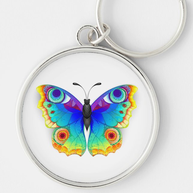 Rainbow Butterfly Peacock Öga Rund Silverfärgad Nyckelring (Framsidan)