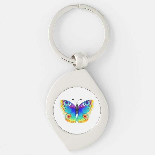 Rainbow Butterfly Peacock Öga Swirl Silverfärgad Nyckelring (Framsidan)