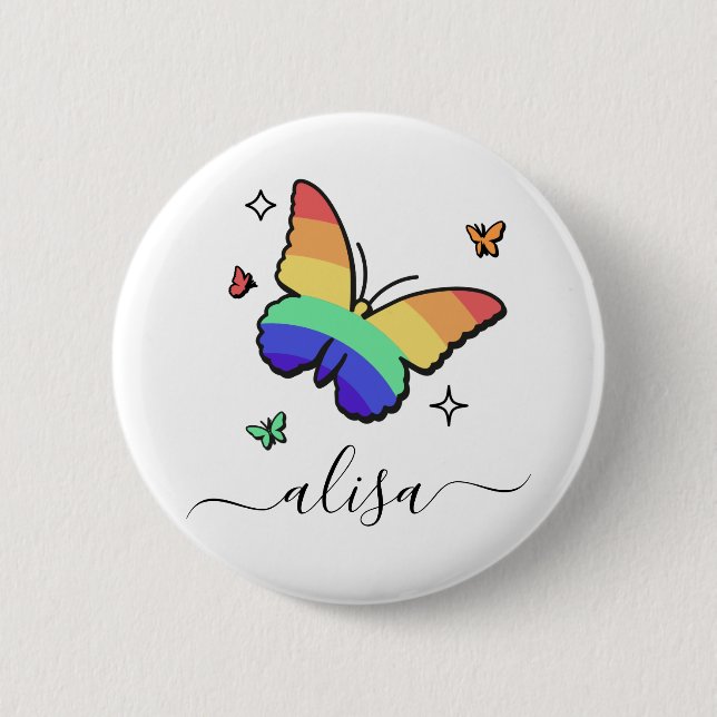Rainbow Butterfly Personlig Calligraphy Namn Knapp (Framsida)