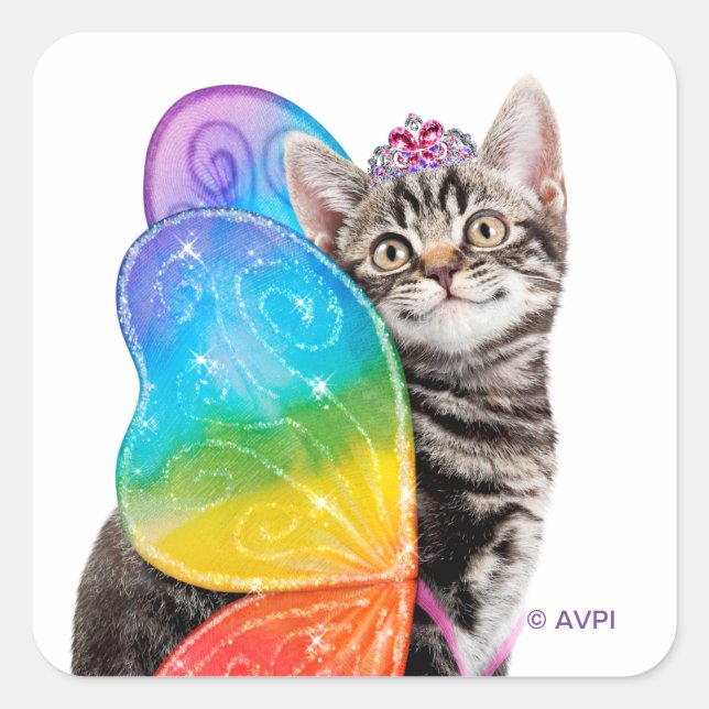 Rainbow Butterfly Princess Kitten Fyrkantigt Klistermärke (Framsida)