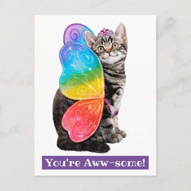 Rainbow Butterfly Princess Kitten Inbjudan Vykort (Framsida)