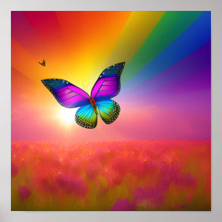 Rainbow Butterfly som flyger i Fält Poster