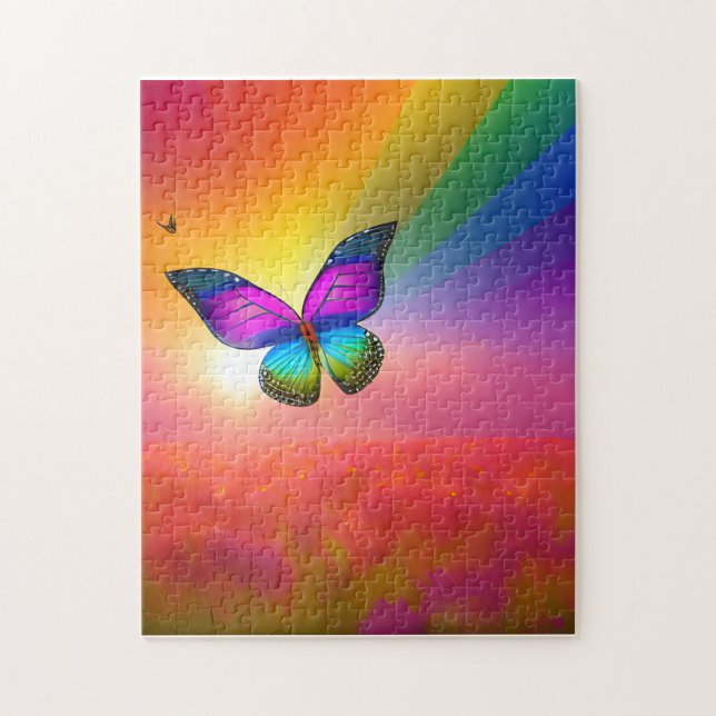 Rainbow Butterfly som flyger i Fält Pussel (Vertikal)
