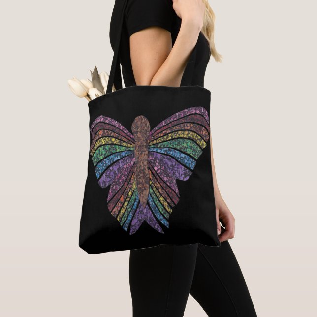 Rainbow Butterfly (svart) - Tote Tygkasse (Närbild)