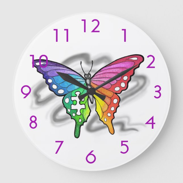 Rainbow Butterfly Wall Clock - Lila Stor Klocka (Framsida)