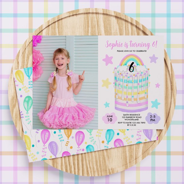 Rainbow Cake Photo Födelsedagsfest Inbjudan för fl (Girls' Rainbow Cake Birthday Invitation)