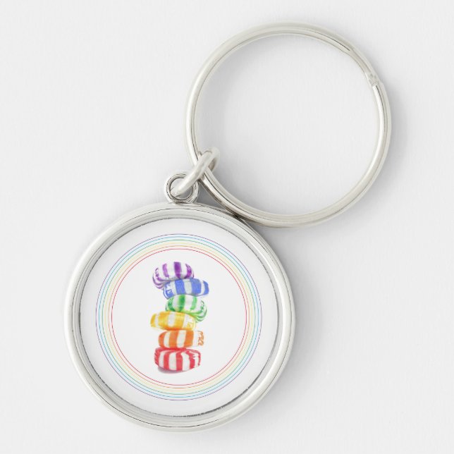 RAINBOW CANDY Premium Round Keychain Rund Silverfärgad Nyckelring (Framsidan)