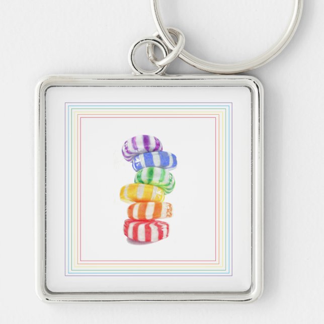 RAINBOW CANDY Premium Square Keychain Fyrkantig Silverfärgad Nyckelring (Framsidan)