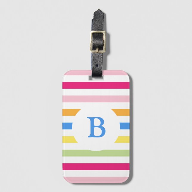 Rainbow Candy Stripes Modern Monogram Bagagebricka (Framsida vertikal)