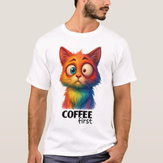 Rainbow Cat Coffee First Funny Art T Shirt