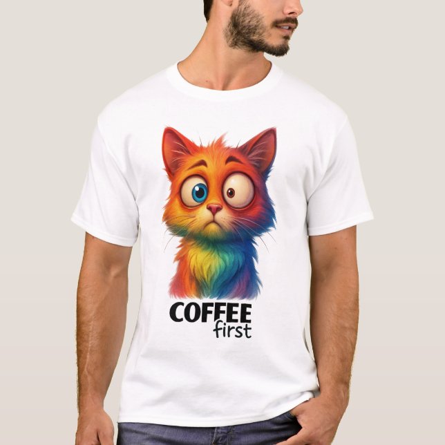 Rainbow Cat Coffee First Funny Art T Shirt (Framsida)