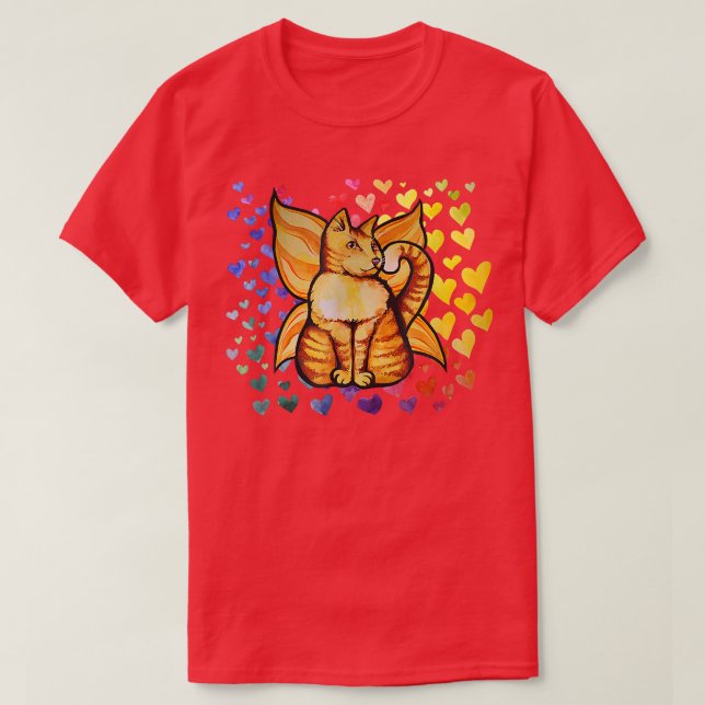 Rainbow Cat Fairy Kärlek Hearts Cute T Shirt (Design framsida)