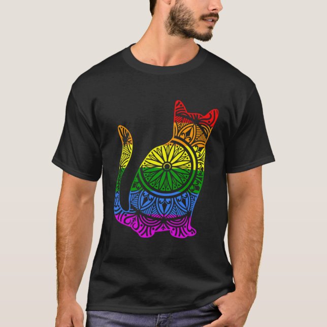 Rainbow Cat Kattunge Mandala Lotus Flower Yoga Med T Shirt (Framsida)