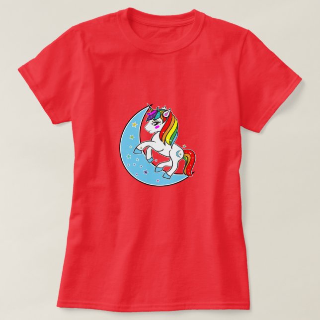 Rainbow Celestial Blue Måne & Stars Unicorn T Shirt (Design framsida)