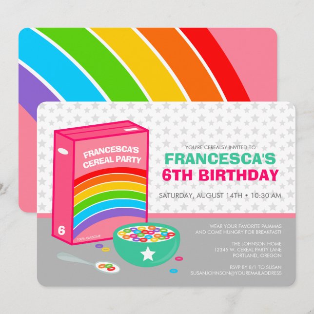 Rainbow Cereal Födelsedagsfest Inbjudningar (Fram/baksida)
