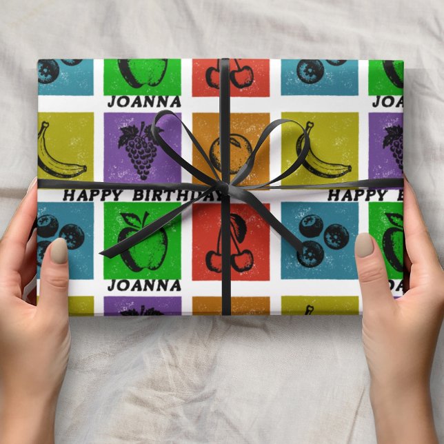 Rainbow Checker Fruit Stamps Happy Birthday Name  Presentpapper (Skapare uppladdad)