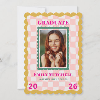 Rainbow Checkered Grad Announcement with Photo Inbjudningar