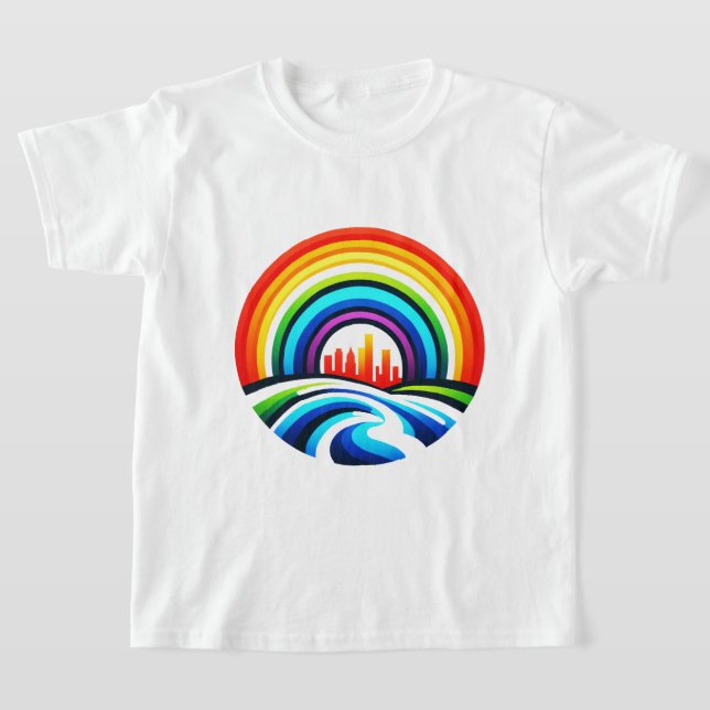Rainbow City Skyline Urban Diversity & Hope Design T Shirt (Laydown)