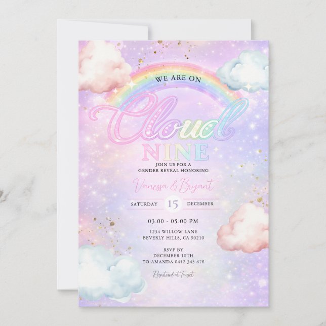 Rainbow Cloud Galaxy Glitter Gender Reveal  Inbjudningar (Framsida)