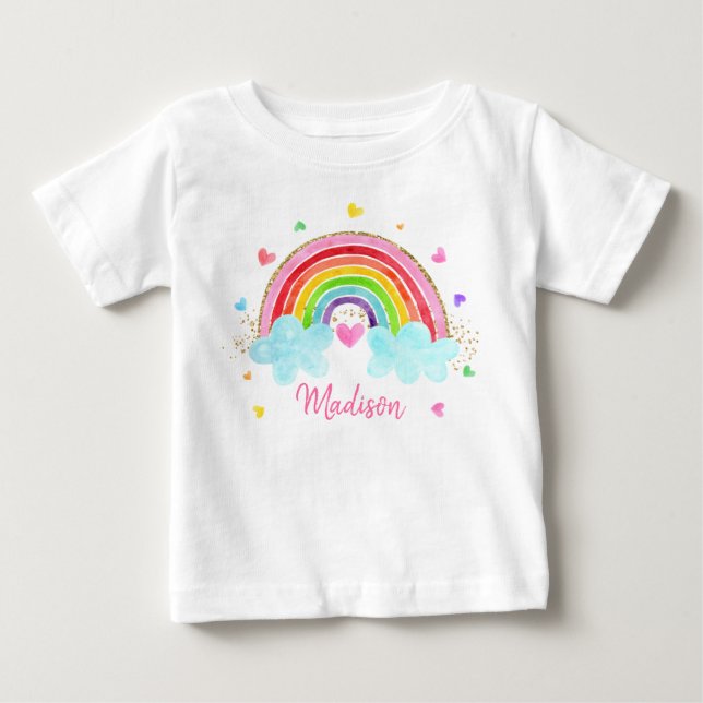 Rainbow Cloud Hearts Rosa Guld Birthday T Shirt (Framsida)