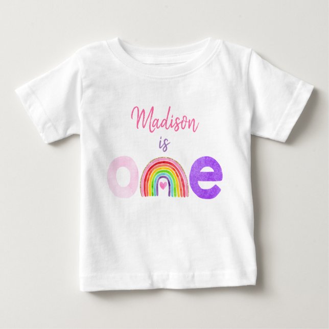 Rainbow Cloud Hearts Rosa Guld First Birthday T Shirt (Framsida)