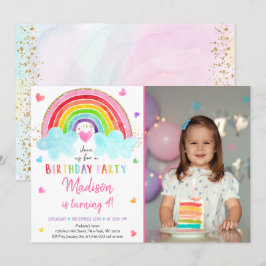 Rainbow Cloud Hearts Watercolor Birthday Inbjudningar