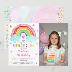Rainbow Cloud Hearts Watercolor Birthday Inbjudningar