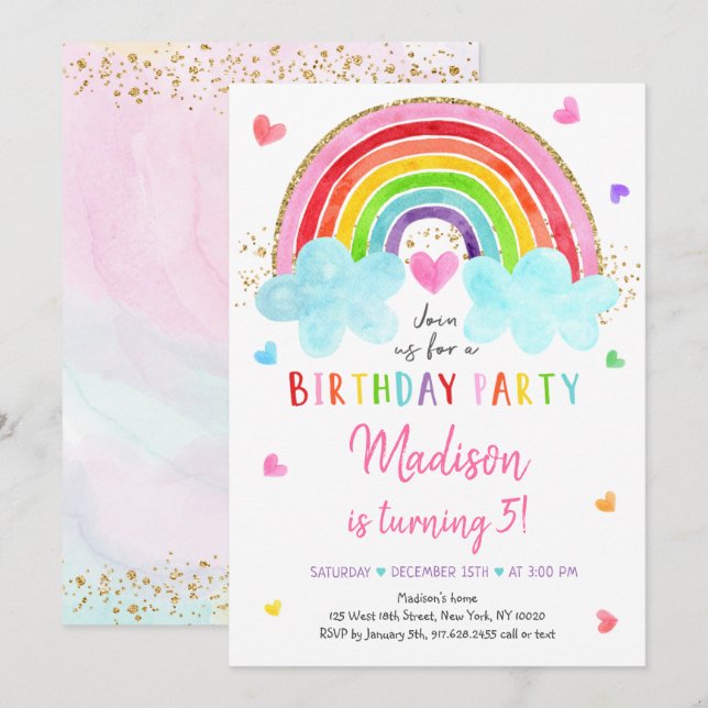 Rainbow Cloud Hearts Watercolor Birthday Inbjudningar (Fram/baksida)