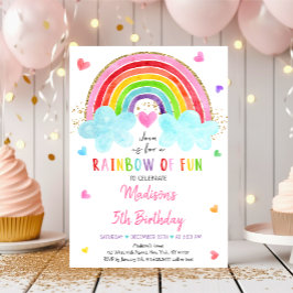 Rainbow Cloud Hearts Watercolor Birthday Inbjudningar