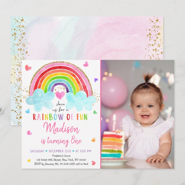 Rainbow Cloud Hearts Watercolor Birthday Inbjudningar (Fram/baksida)