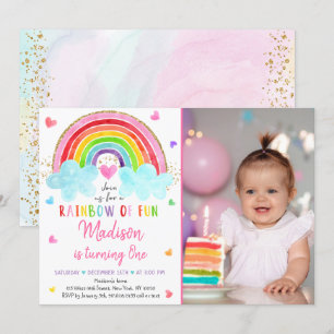 Rainbow Cloud Hearts Watercolor Birthday Inbjudningar