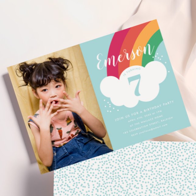 Rainbow Cloud Photo Barns födelsedag Party Inbjudningar (Kids Rainbow Photo Birthday Party Invitations.)