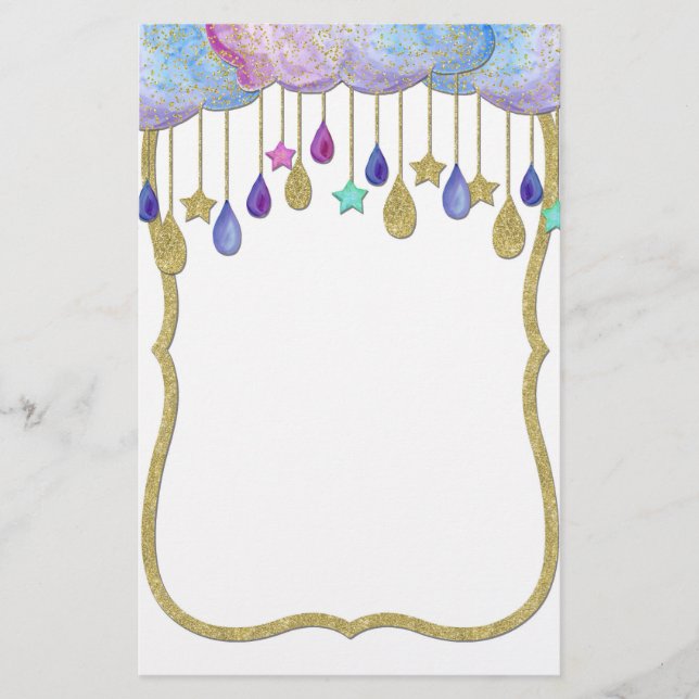 Rainbow Cloud Stars Dangling Guld Glitter Baby Brevpapper (Framsida)