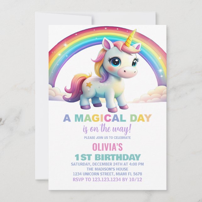 Rainbow Cloud Unicorn Birthday-inbjudningar Inbjudningar (Framsida)