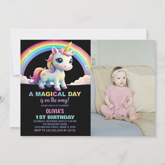 Rainbow Cloud Unicorn Birthday-inbjudningar med fo Inbjudningar (Framsida)