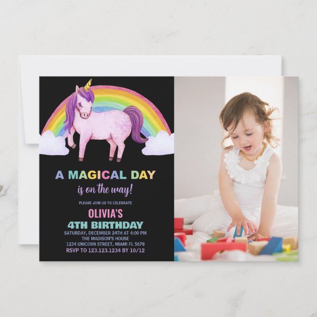 Rainbow Cloud Unicorn Birthday-inbjudningar med fo Inbjudningar (Framsida)