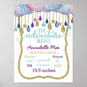 Rainbow Clouds Äventyr Flicka Birth Stats Poster