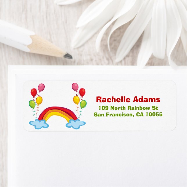 Rainbow Clouds & Balloons Barn Birthday Adress Returadress Etikett (Insitu)