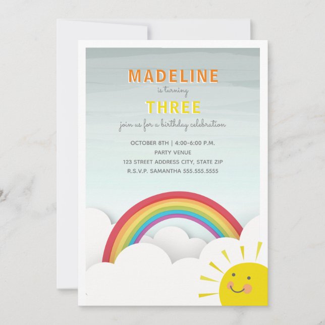 Rainbow Clouds Blå himmel Sunshine Födelsedagsfest Inbjudningar (Framsida)