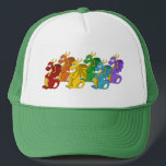 Rainbow colorful dragons cartoon  keps<br><div class="desc">Hat with illustration of rainbow dragons in the colors of the LGBT (lesbian,  gay,  bisexual,  and transgender people) rainbow stripes pride flag,  fantasy design on black background</div>