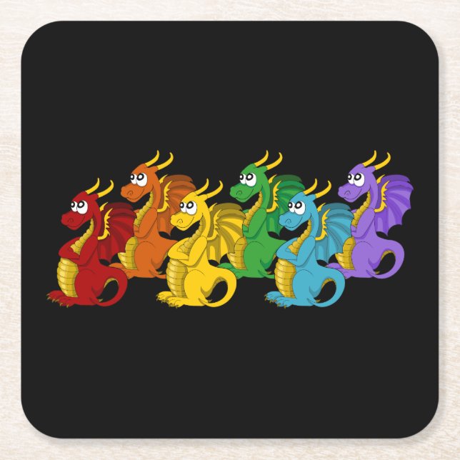 Rainbow colorful dragons cartoon  underlägg papper kvadrat (Framsidan)