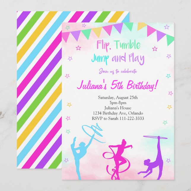 Rainbow Colorful Girls Gymnastic Birthday Inbjudan (Fram/baksida)