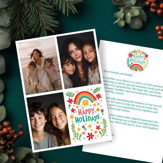 Rainbow Colorful Hand Drawn ANPASSNINGSBAR 3 PHOTO Julkort (Rainbow Colorful Hand-Drawn CUSTOM 3 PHOTO Letter Holiday Card - add your own text
)