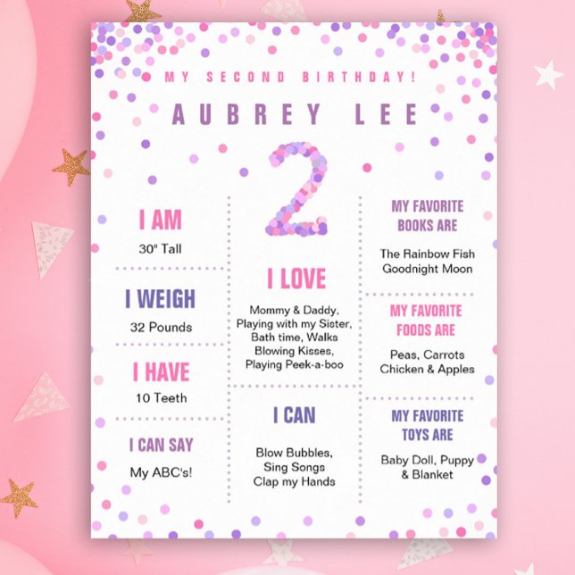 Rainbow Confetti, andra födelsedag poster (Milestone poster with pink and purple confetti for your 2 year old's birthday!)