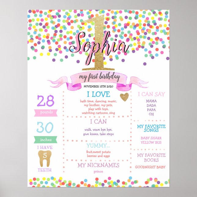 Rainbow Confetti Girl First Birthday Milestone Poster (Framsidan)