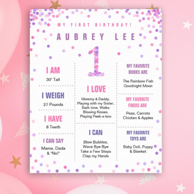Rainbow Confetti poster första födelsedag (Milestone poster in pink and purple for your baby girl's first birthday!)